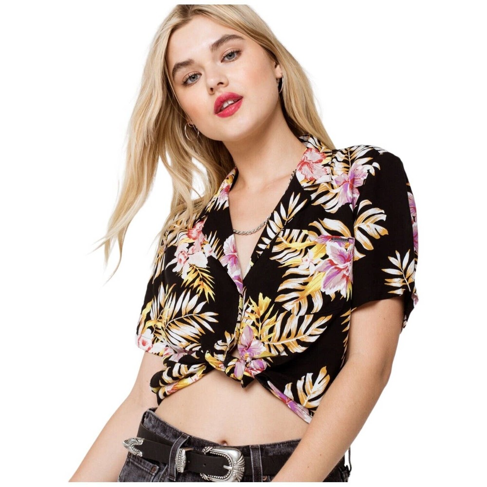 New Volcom Gen Wow Womens Cropped Tropical Floral Shirt Black XS
